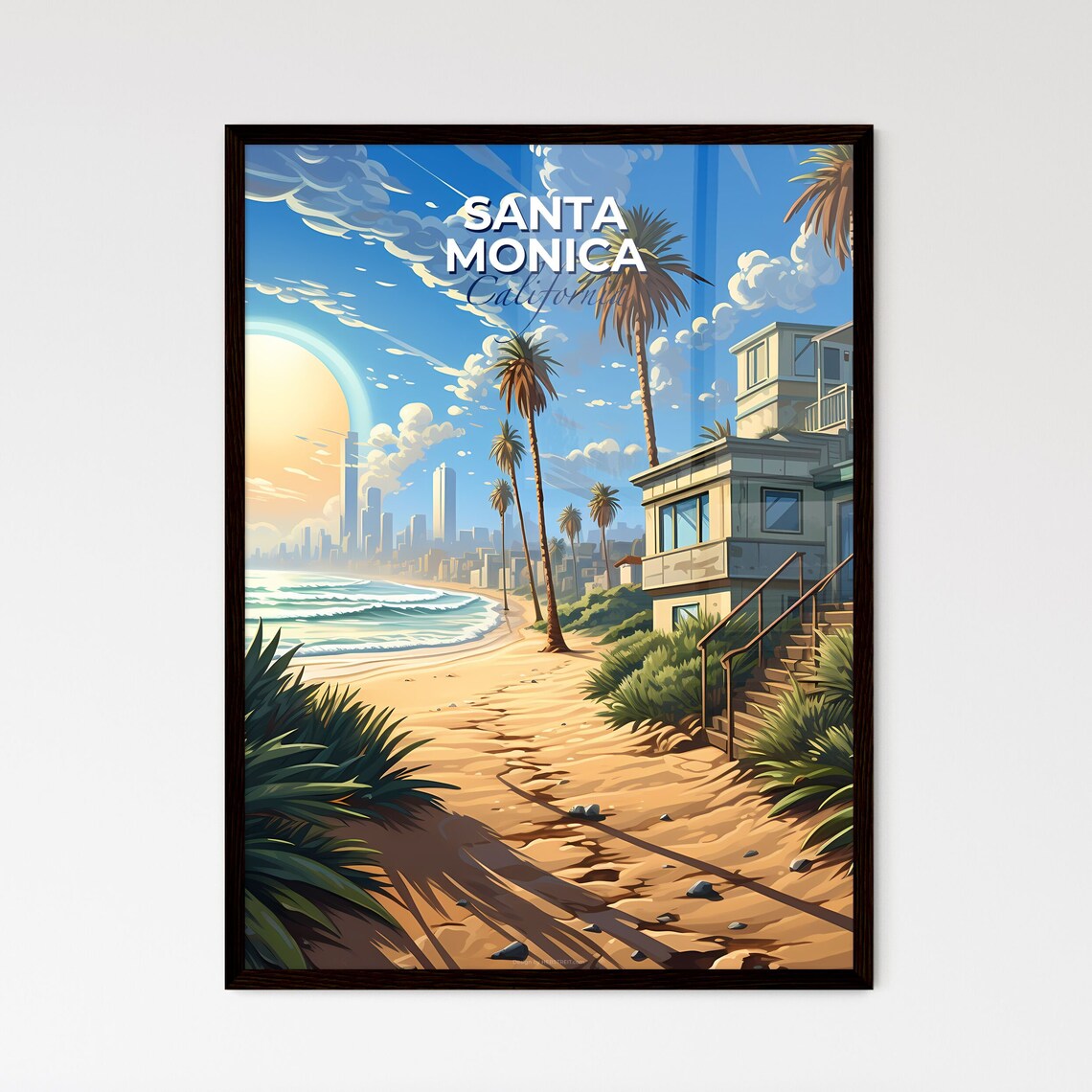 Santa Monica California Beach Palms Ocean Sunrise Travel Poster