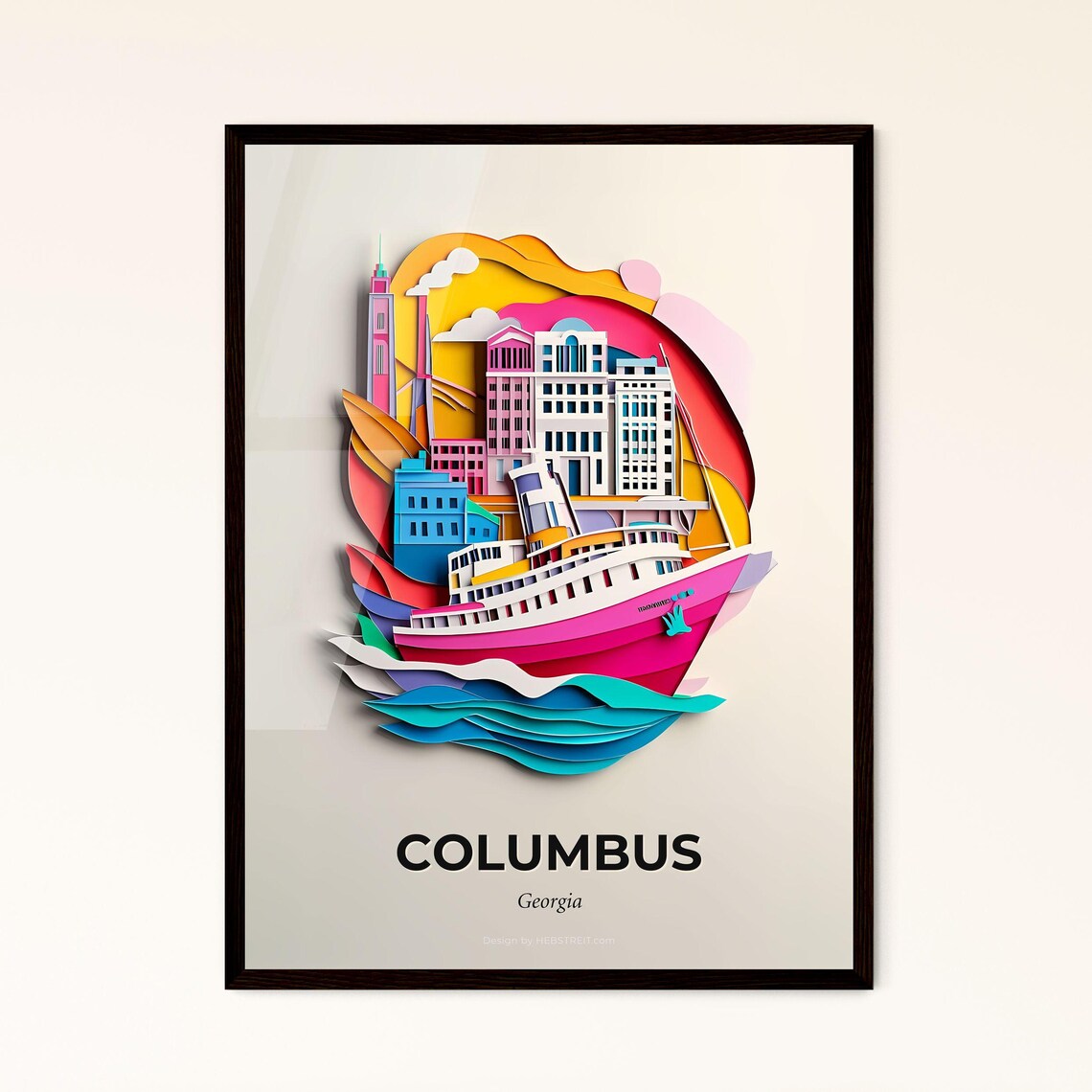 Columbus Georgia Colorful Paper Cut Riverboat City Scene Poster