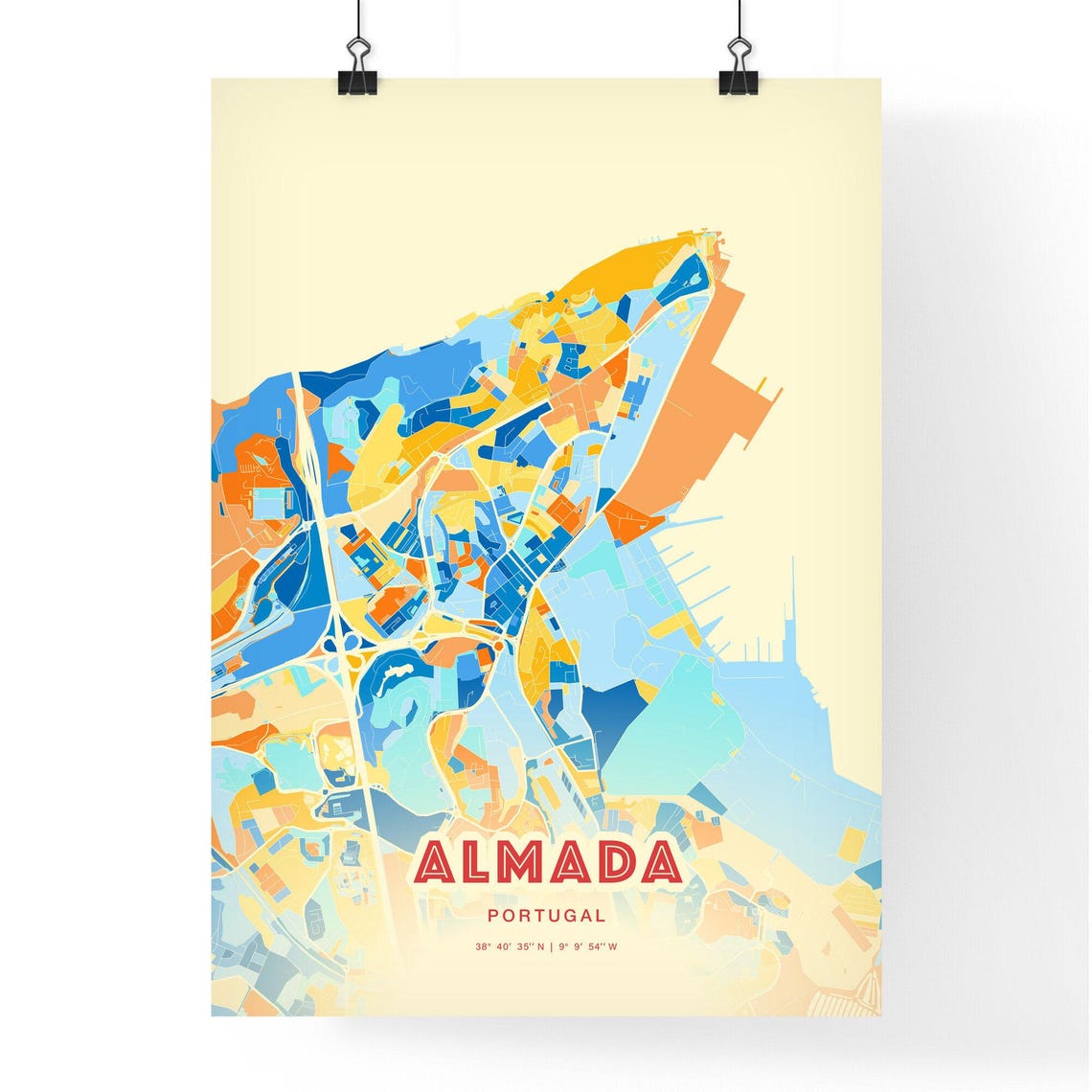 Almada Portugal Modern Geometric Blue Orange City Map Art Poster - Image 3