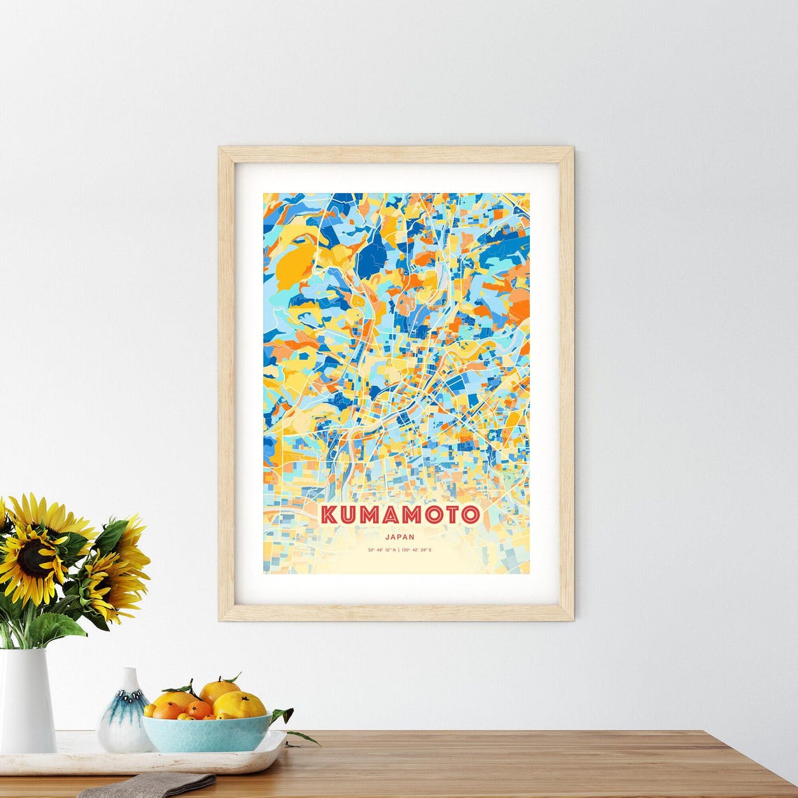 Kumamoto Japan Colorful City Map Poster Blue Orange Modern Wall Decor - Image 2