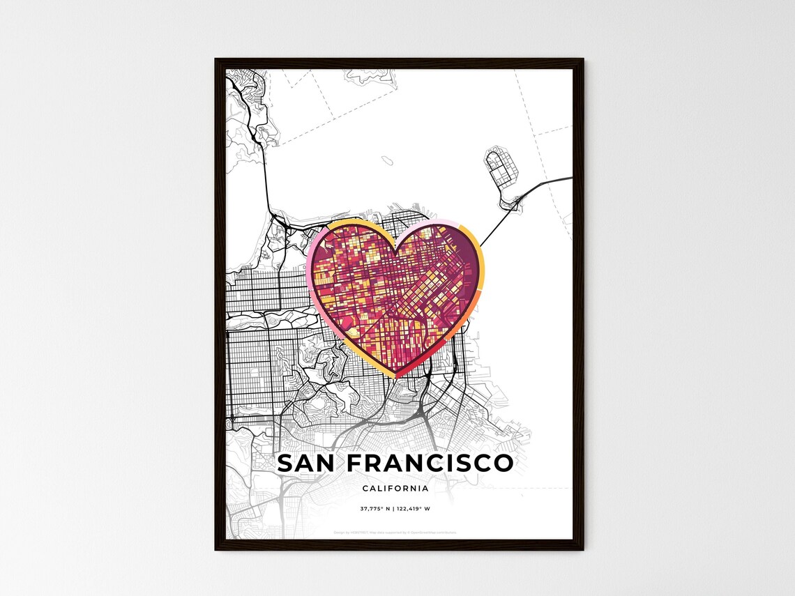 San Francisco California Minimal Map Art With Colorful Heart Icon Poster