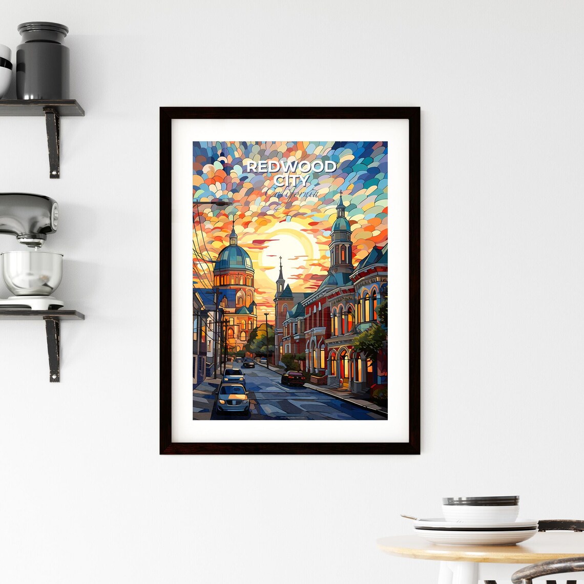 Redwood City California Downtown Sunset Mosaic Sky Travel Poster - Image 2