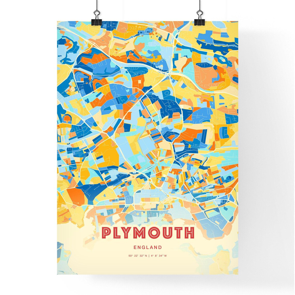 Plymouth England Colorful Blue Orange Modern City Street Map Poster - Image 3