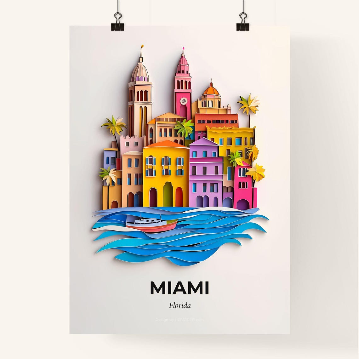 Miami Florida 3D Paper Cut Colorful Waterfront Palm City Art Poster - Image 4