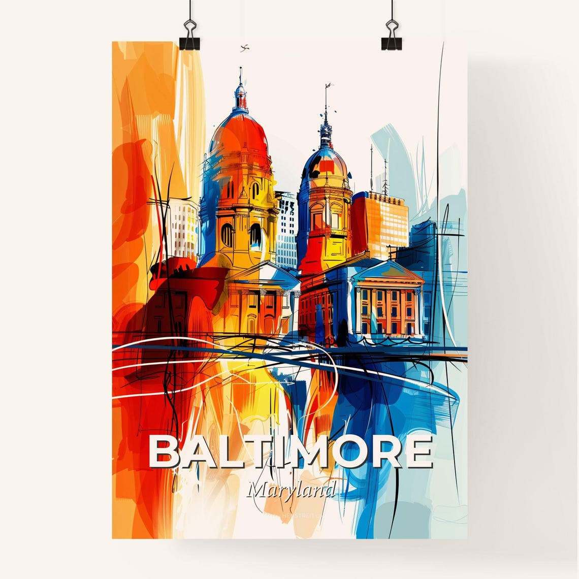 Baltimore Maryland Vibrant Watercolor Harbor Skyline Art Poster - Image 4
