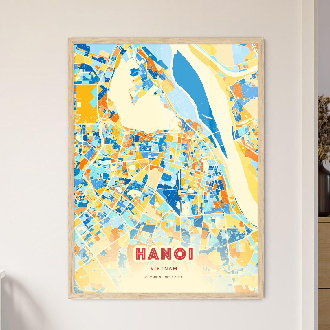 Hanoi Vietnam Colorful Blue Orange City Map Art Poster with Coordinates