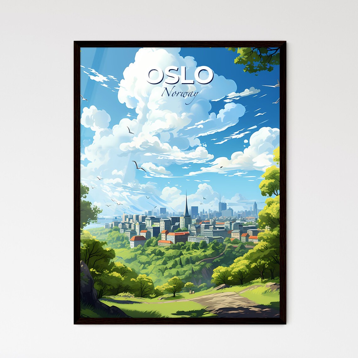 Oslo Norway Illustrated City Skyline With Green Hills Poster