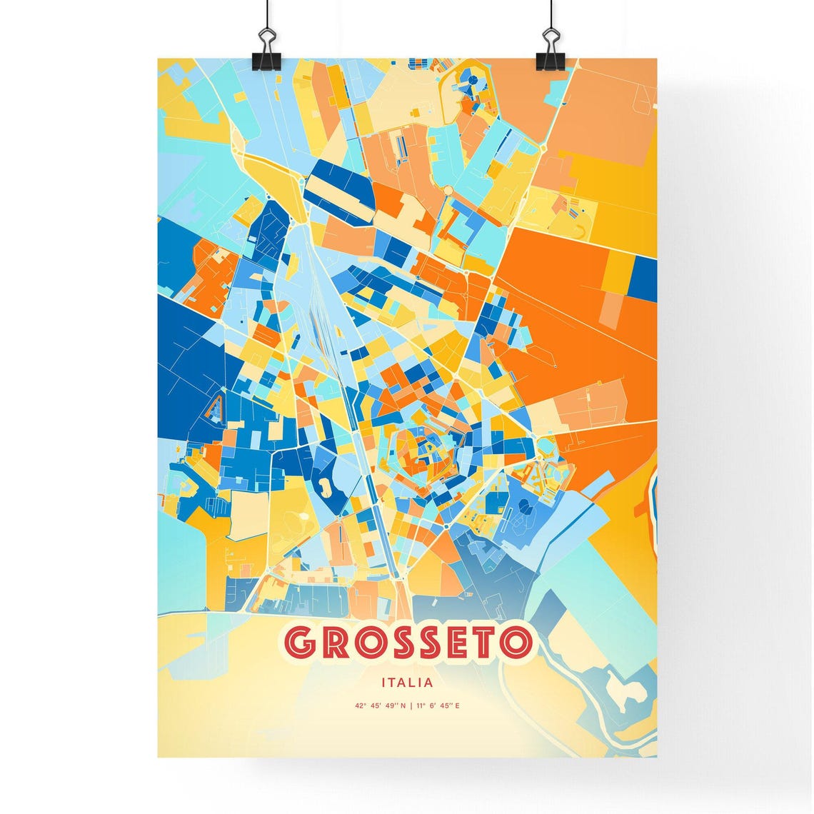 Grosseto Italy Colorful Blue and Orange Retro City Street Map Wall Art - Image 3