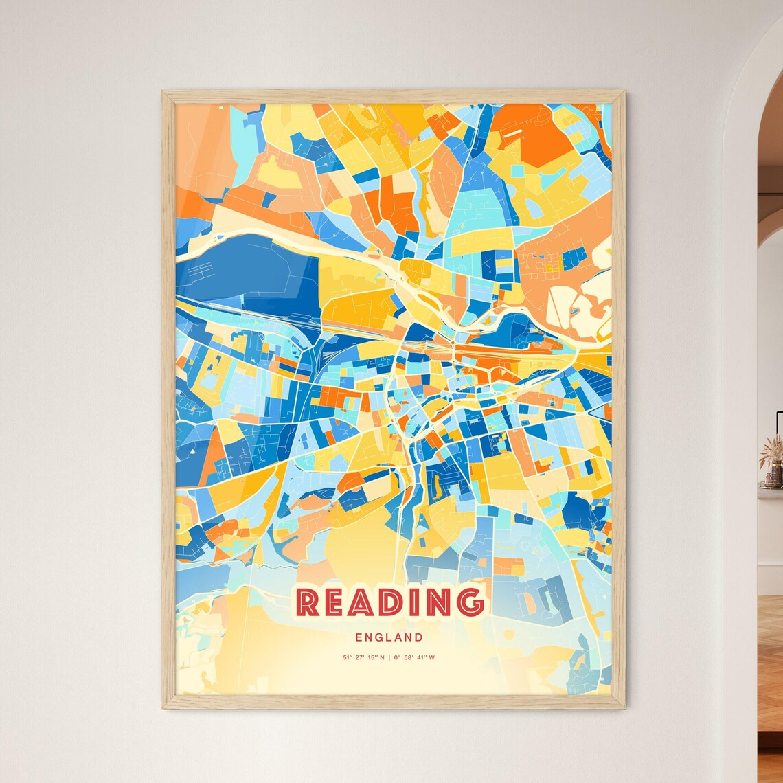 Reading England City Map Poster Abstract Blue Orange Street Art Wall Decor