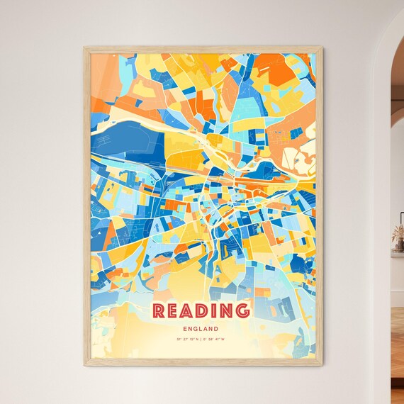 Reading England City Map Poster Abstract Blue Orange Street Art Wall Decor