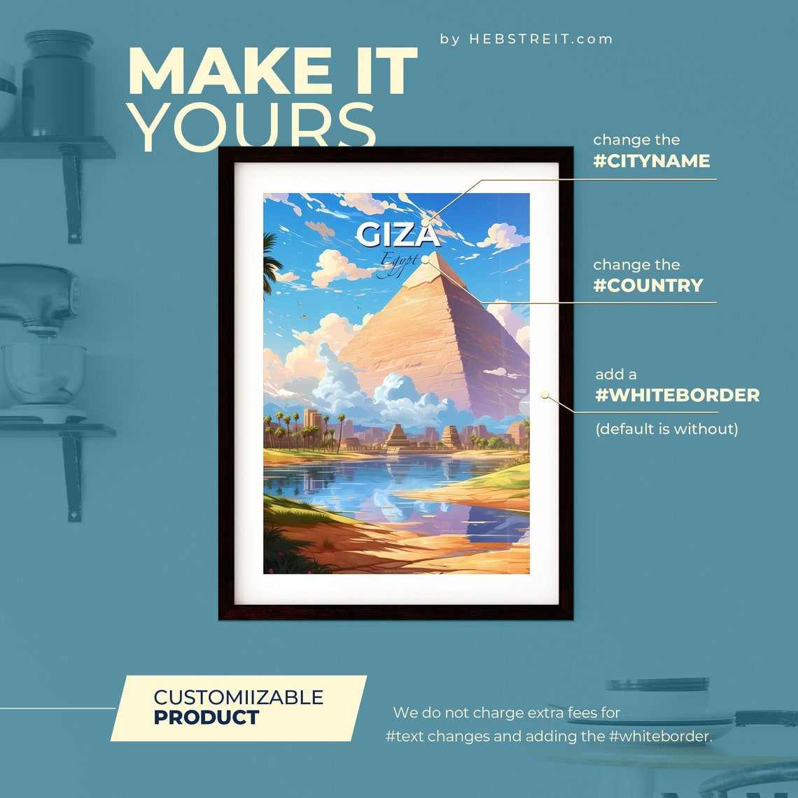 Giza Egypt Great Pyramid Colorful Riverside Travel Art Poster - Image 2