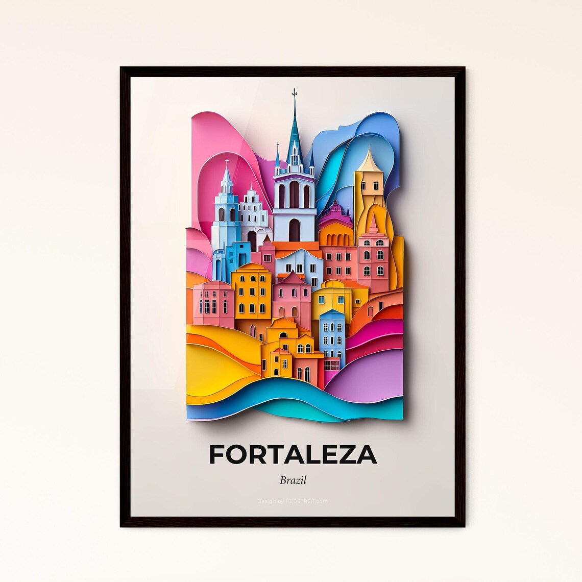 Fortaleza Brazil Colorful Church Towers Paper Cut Travel Poster