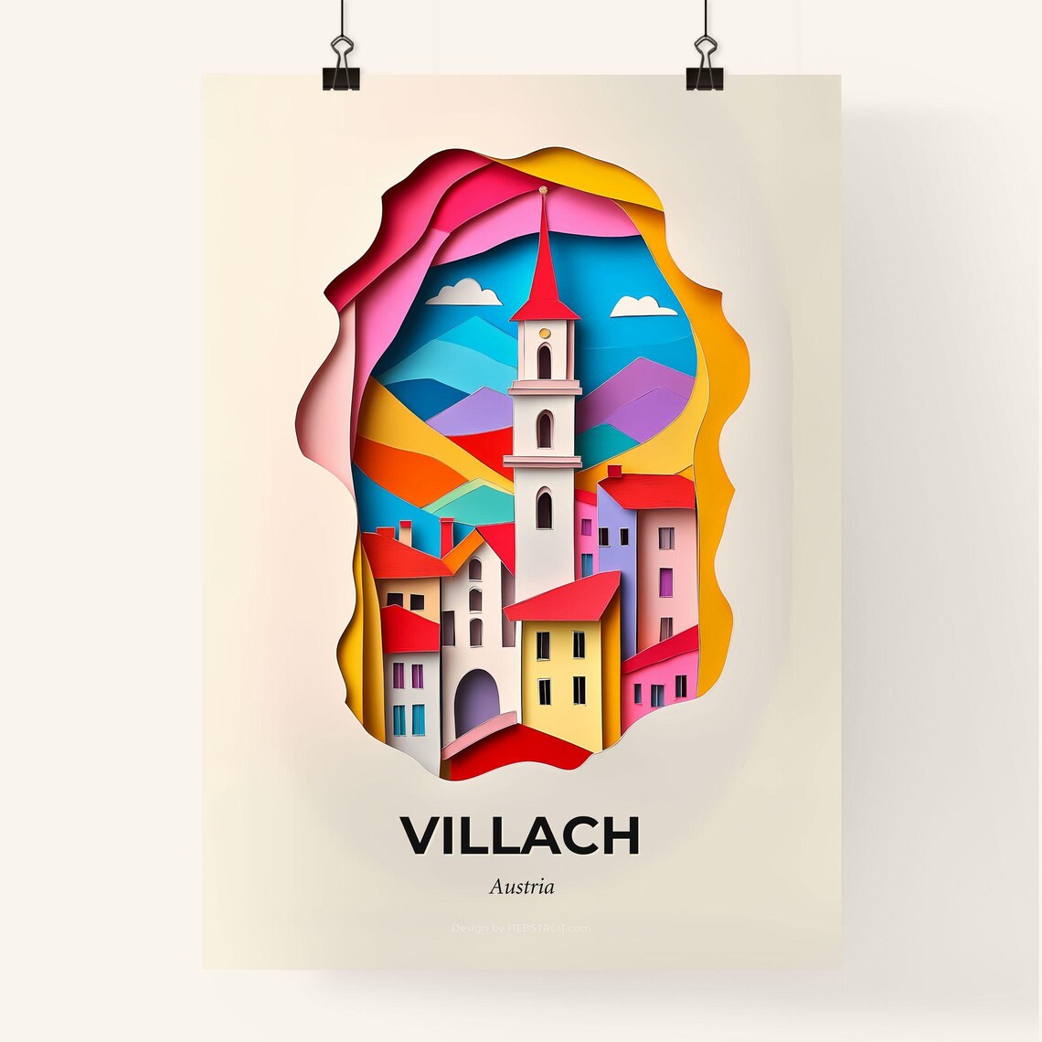Villach Austria Alpine Village Church Tower Paper Cut Poster - Image 4