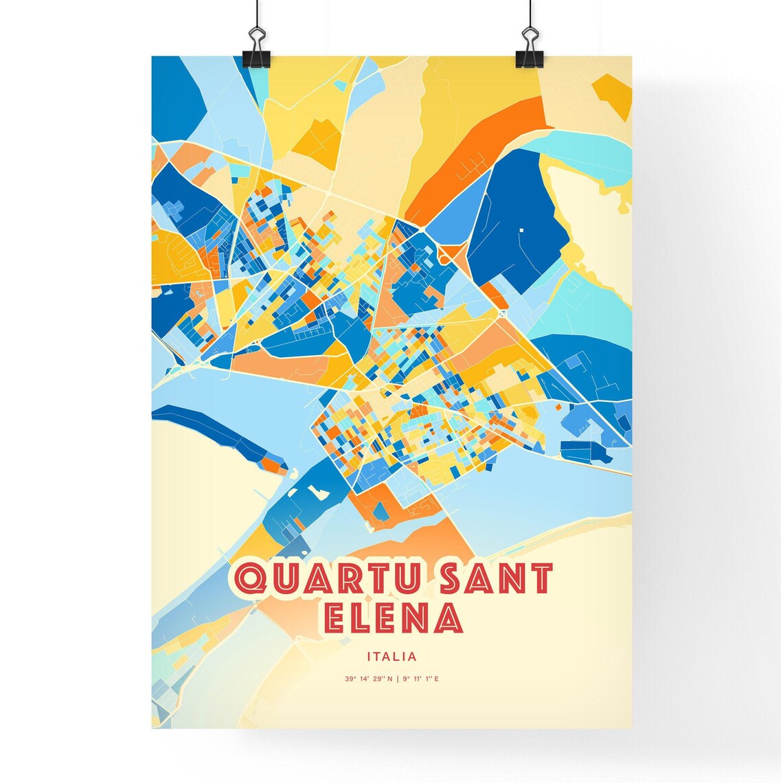 Quartu Sant Elena Italy Colorful Blue and Orange Street Map City Art Poster - Image 3