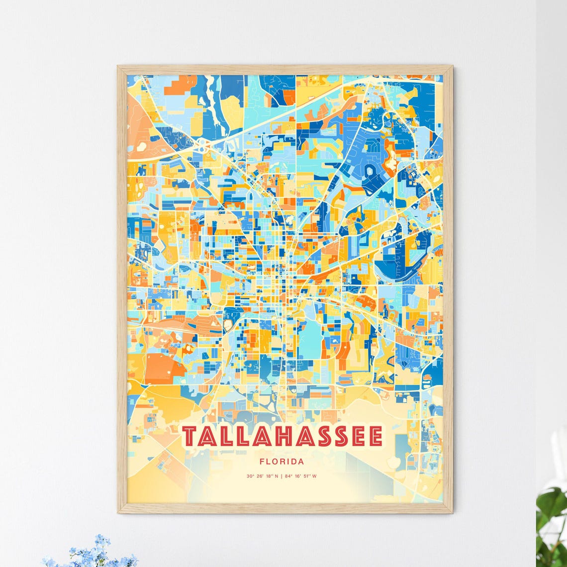 Tallahassee Florida Modern Geometric Blue Orange City Map Art Poster