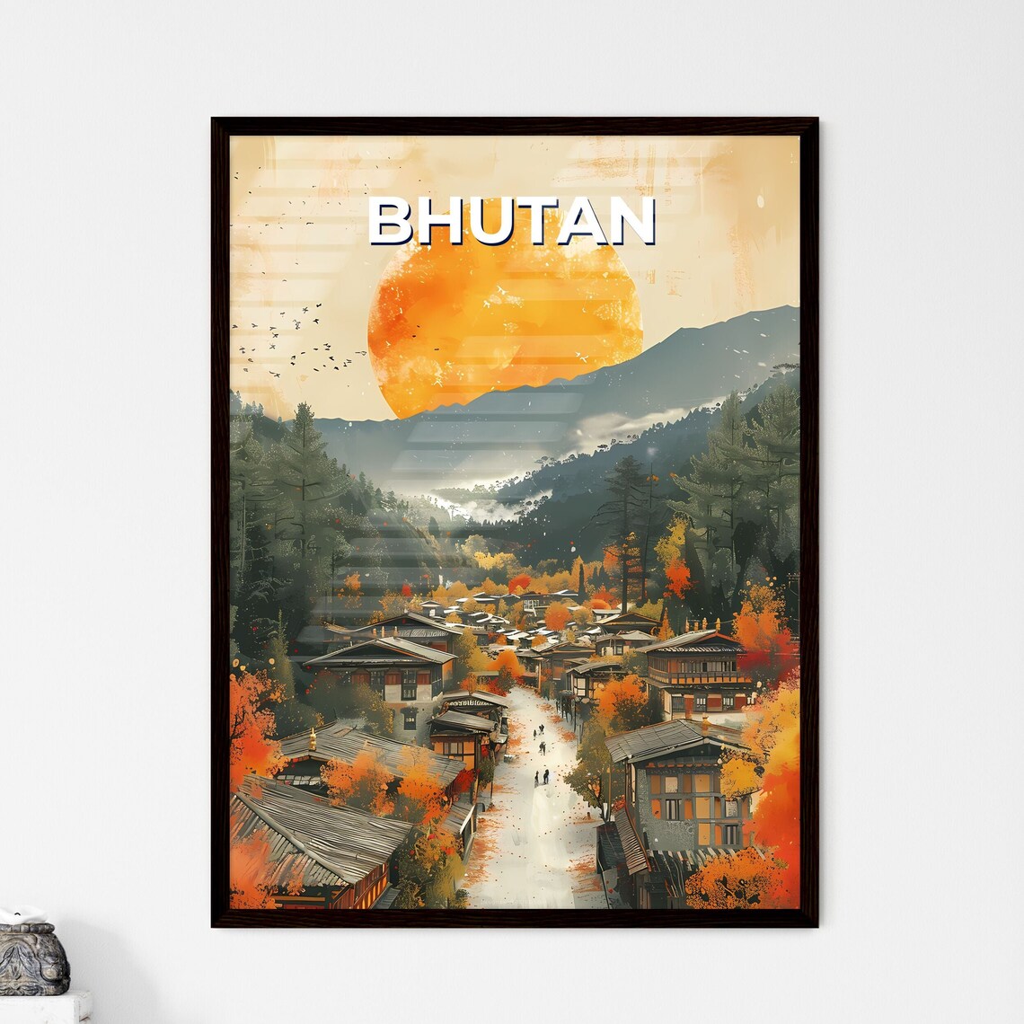 Bhutanese Town Art Painting South Asia Traditional Culture Architecture Travel Landscape Travel Destinations Customizable