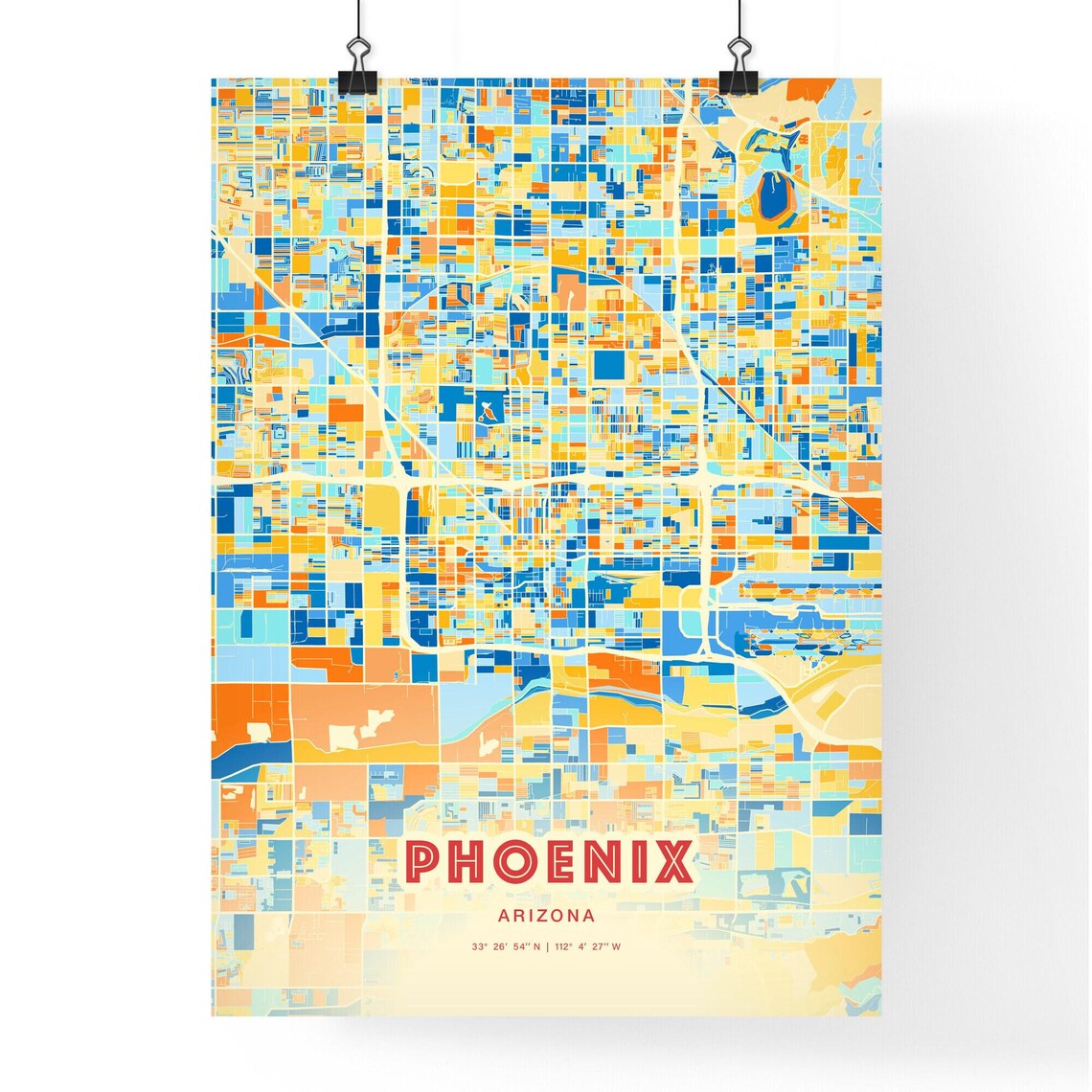 Phoenix Arizona Colorful Blue Orange City Street Map Coordinates Poster - Image 3