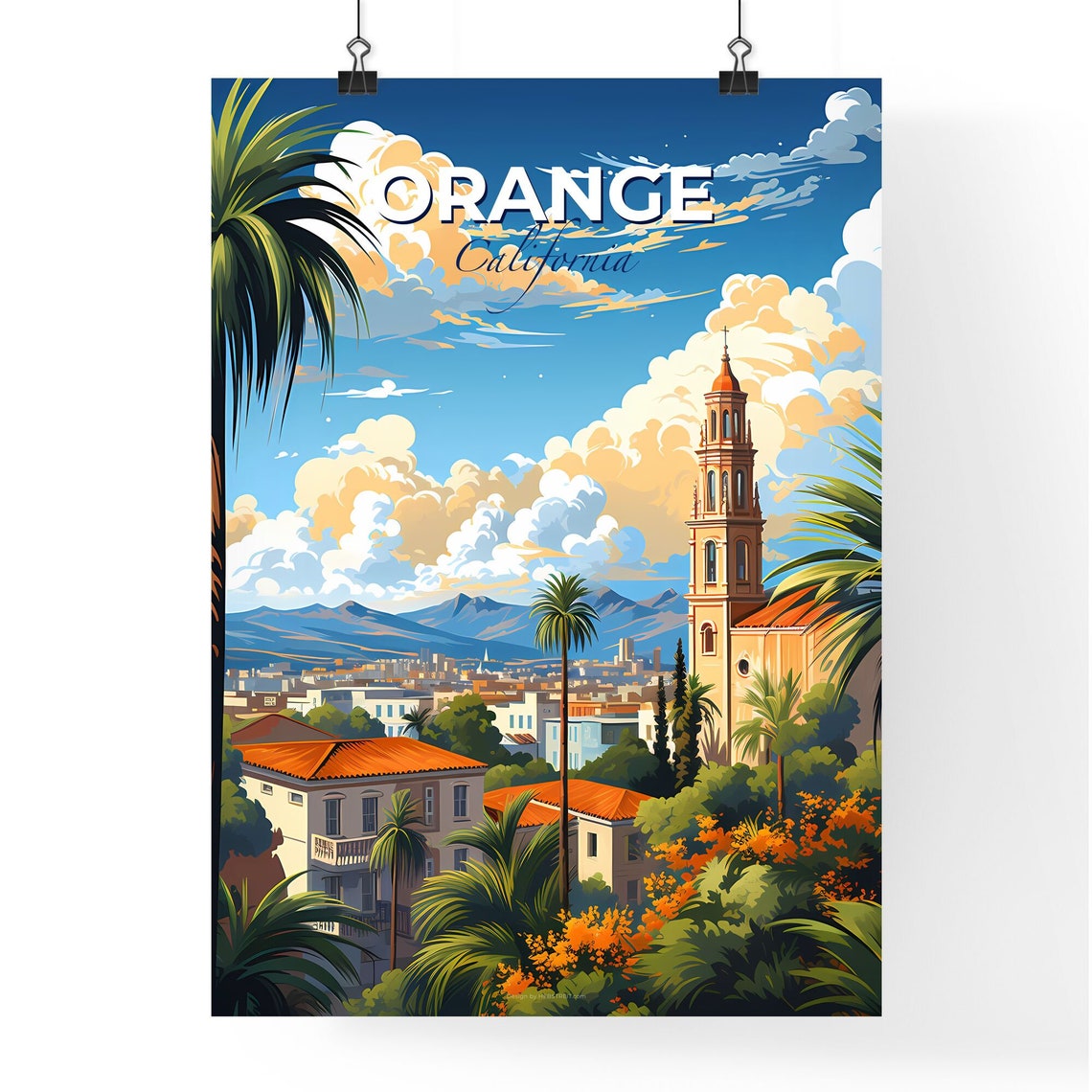 Orange California Mission Bell Tower Palms City Mountain Poster - Image 4