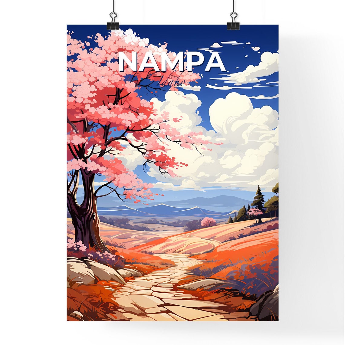 Nampa Idaho Cherry Blossom Path Rolling Hills Anime Style Poster - Image 4