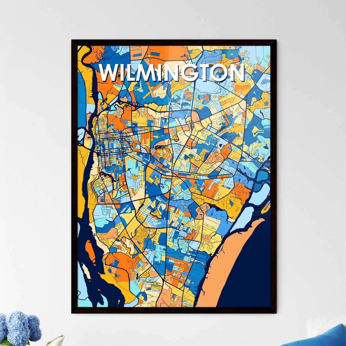 Wilmington North Carolina Stylish Vibrant Blue and Orange Mosaic City Map Poster