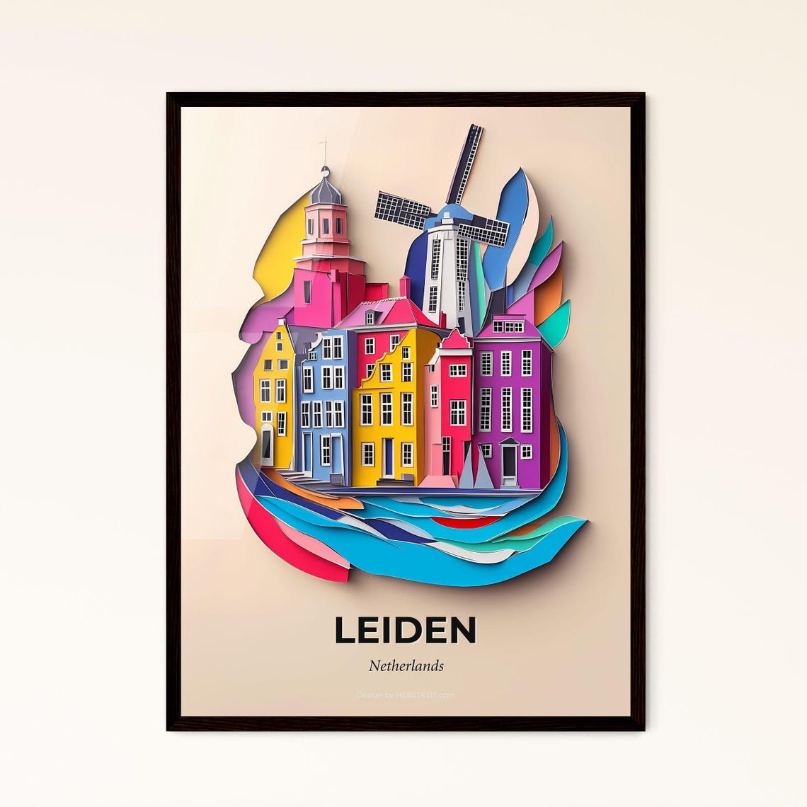 Leiden Netherlands Colorful Paper Cut Windmill Canal Travel Poster