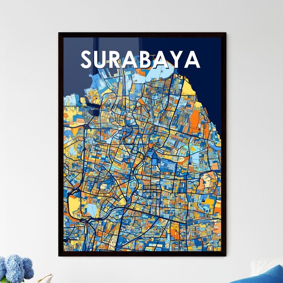 Surabaya Indonesia Stylish Vibrant Blue and Orange Mosaic City Map Poster