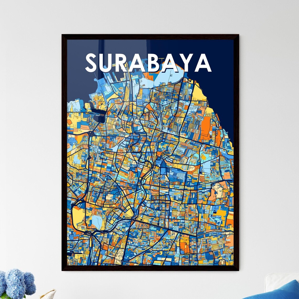 Surabaya Indonesia Stylish Vibrant Blue and Orange Mosaic City Map Poster