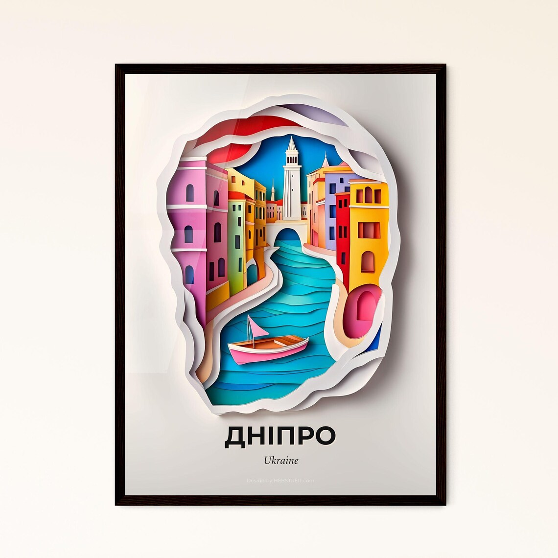 Dnipro Ukraine Vibrant Colorful Canal Boat Paper Cut Travel Poster