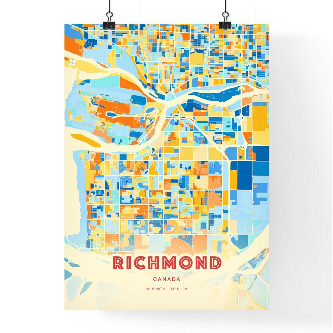 Richmond Canada Colorful Blue Orange City Street Map Coordinates Poster - Image 3