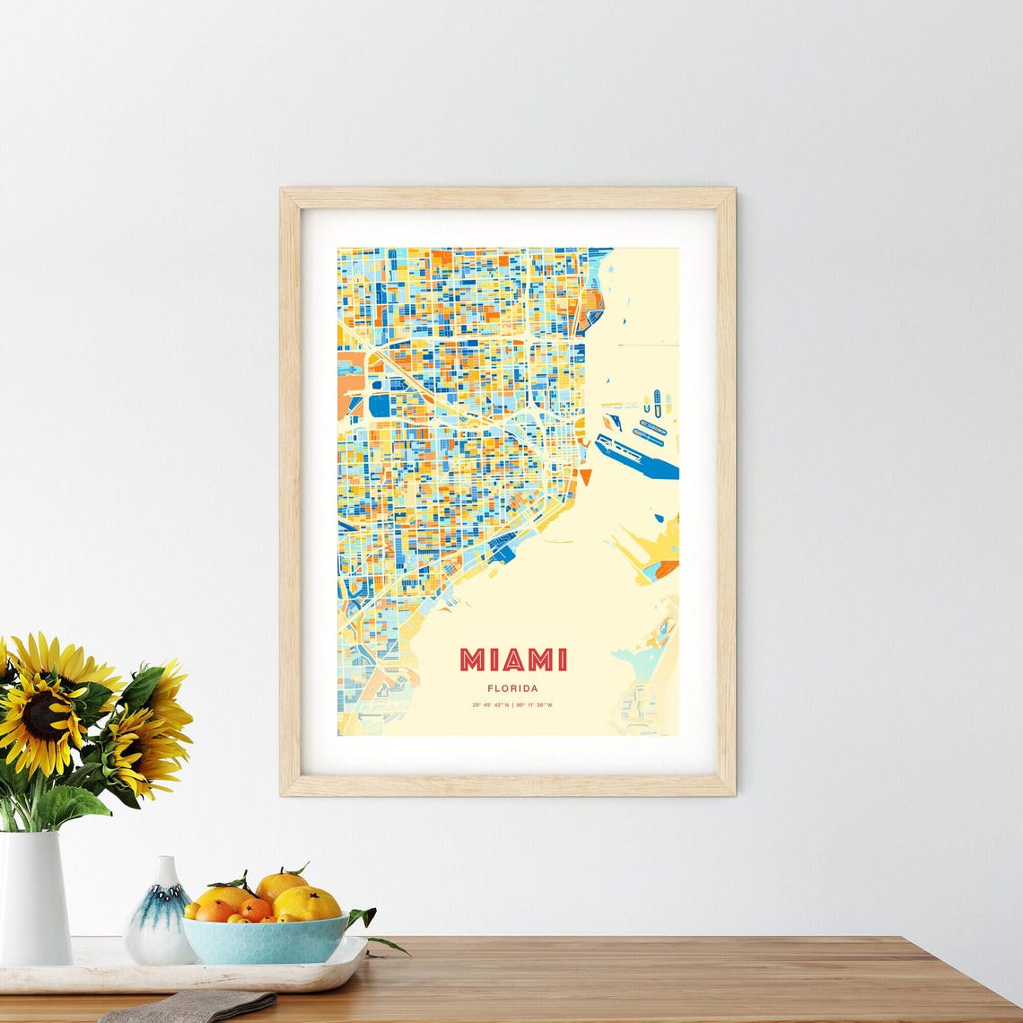 Miami Florida Blue Orange Vibrant Beachfront City Map Art Poster - Image 2