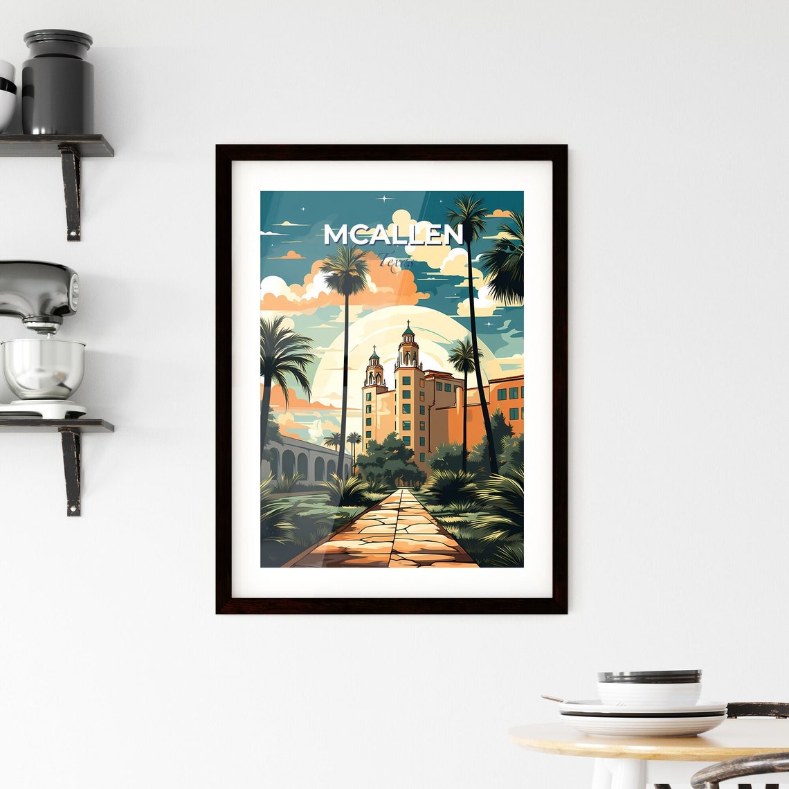 McAllen Texas Spanish Colonial Tower Palm Walkway Sunset Poster - Image 2