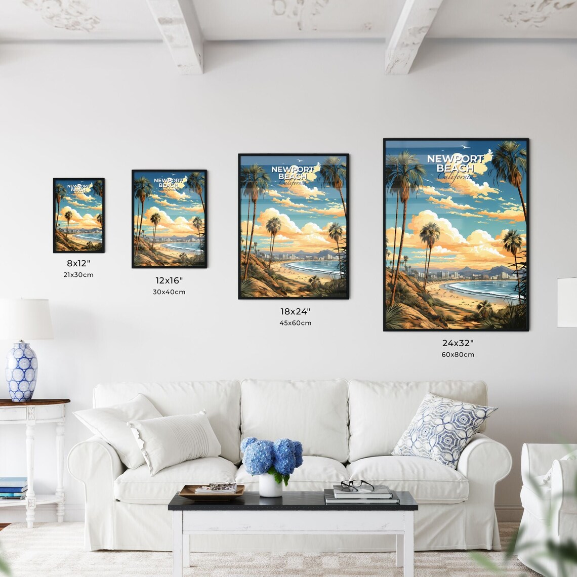 Newport Beach California Beach Palms Bay Skyline Travel Poster - Image 3