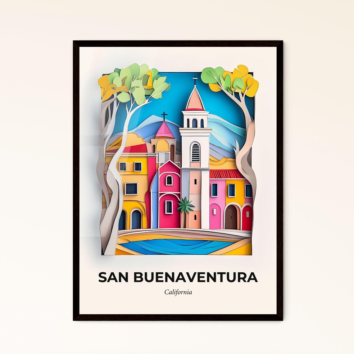 San Buenaventura California Mission Style Papercut Art Poster