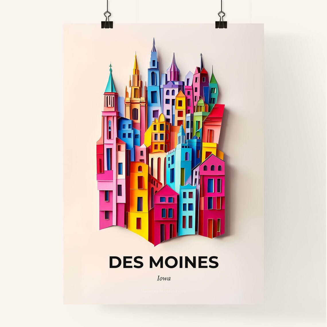 Des Moines Iowa Colorful Paper Cut Church Spires Scene Poster - Image 4