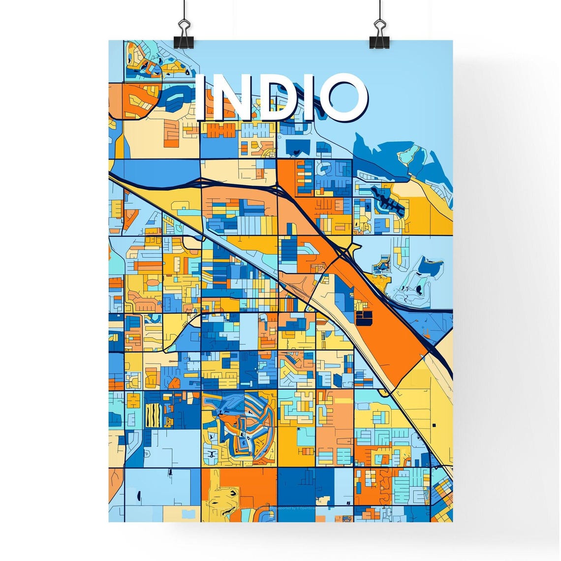 Indio California Vibrant Blue Orange Mosaic City Street Map Poster - Image 4