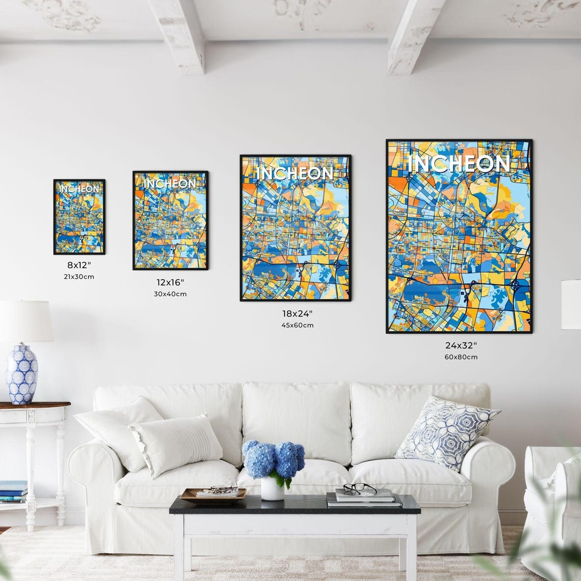 Incheon South Korea Bold City Map Art Poster in Navy Orange and Yellow - Image 3