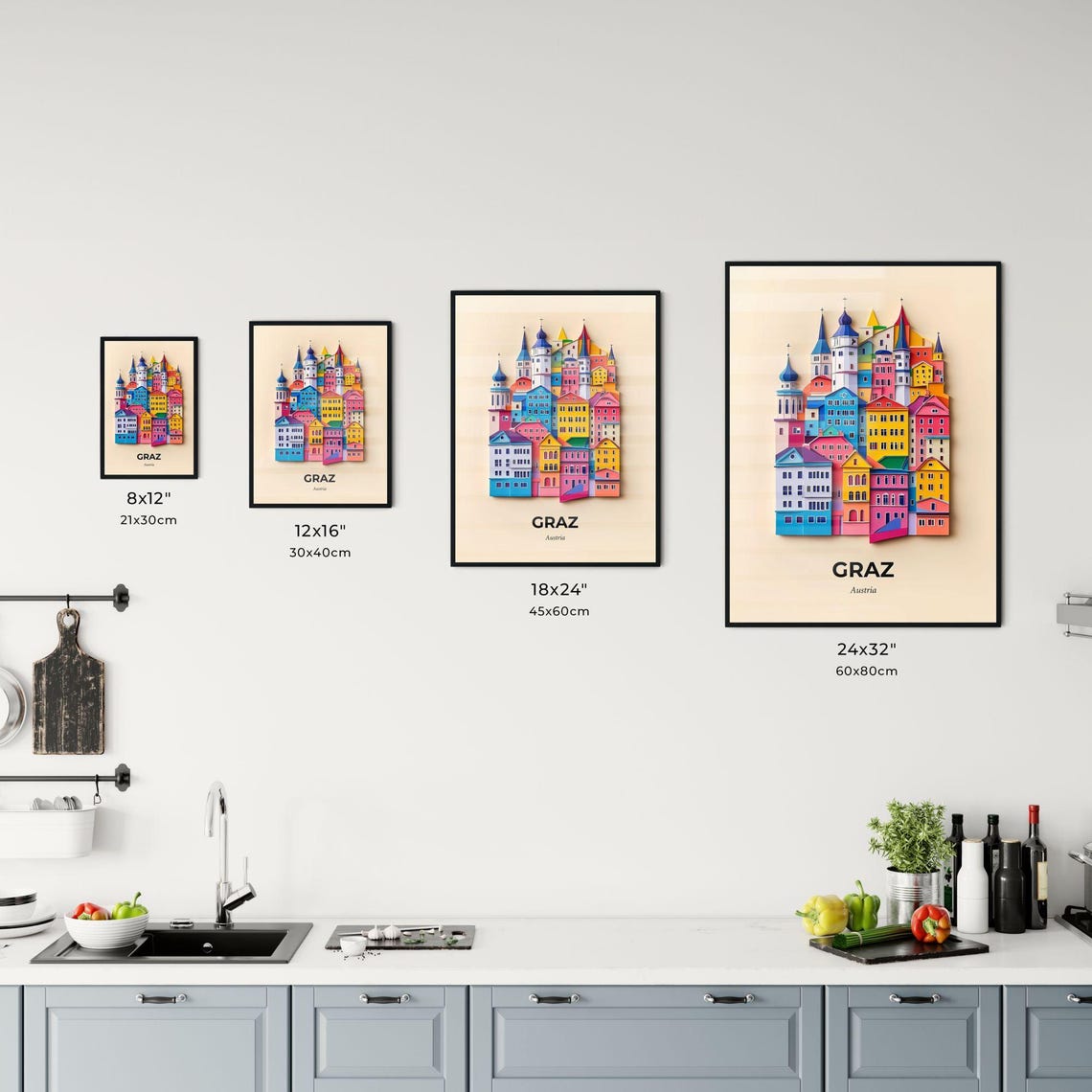 Graz Austria Colorful Papercut Old Town Cityscape Travel Poster - Image 3