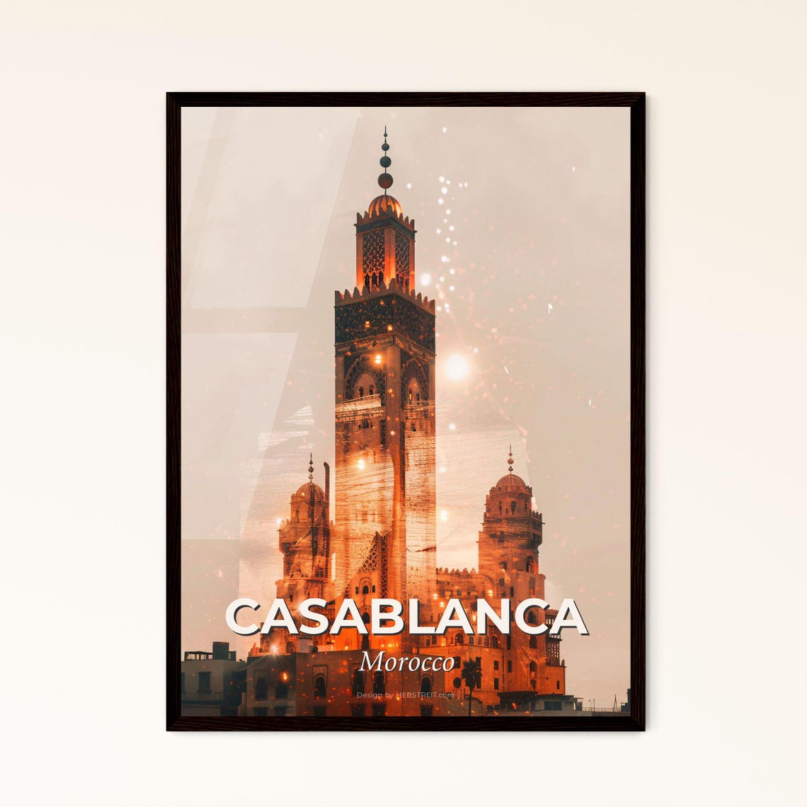 Casablanca Morocco Great Mosque Minaret Golden Night Art Poster