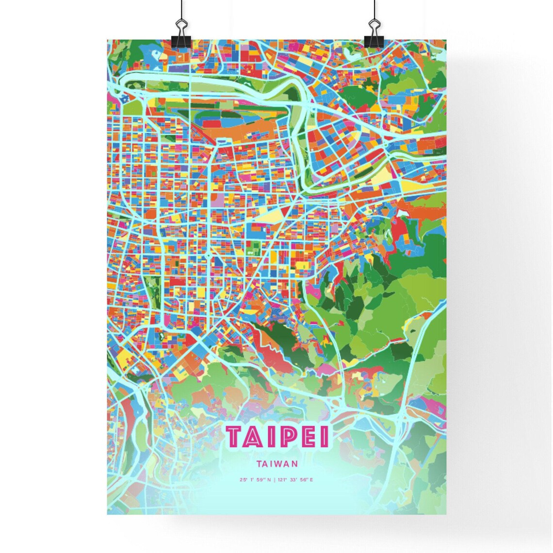 Taipei Taiwan Colorful City Map Art Poster in Pink and Turquoise - Image 3
