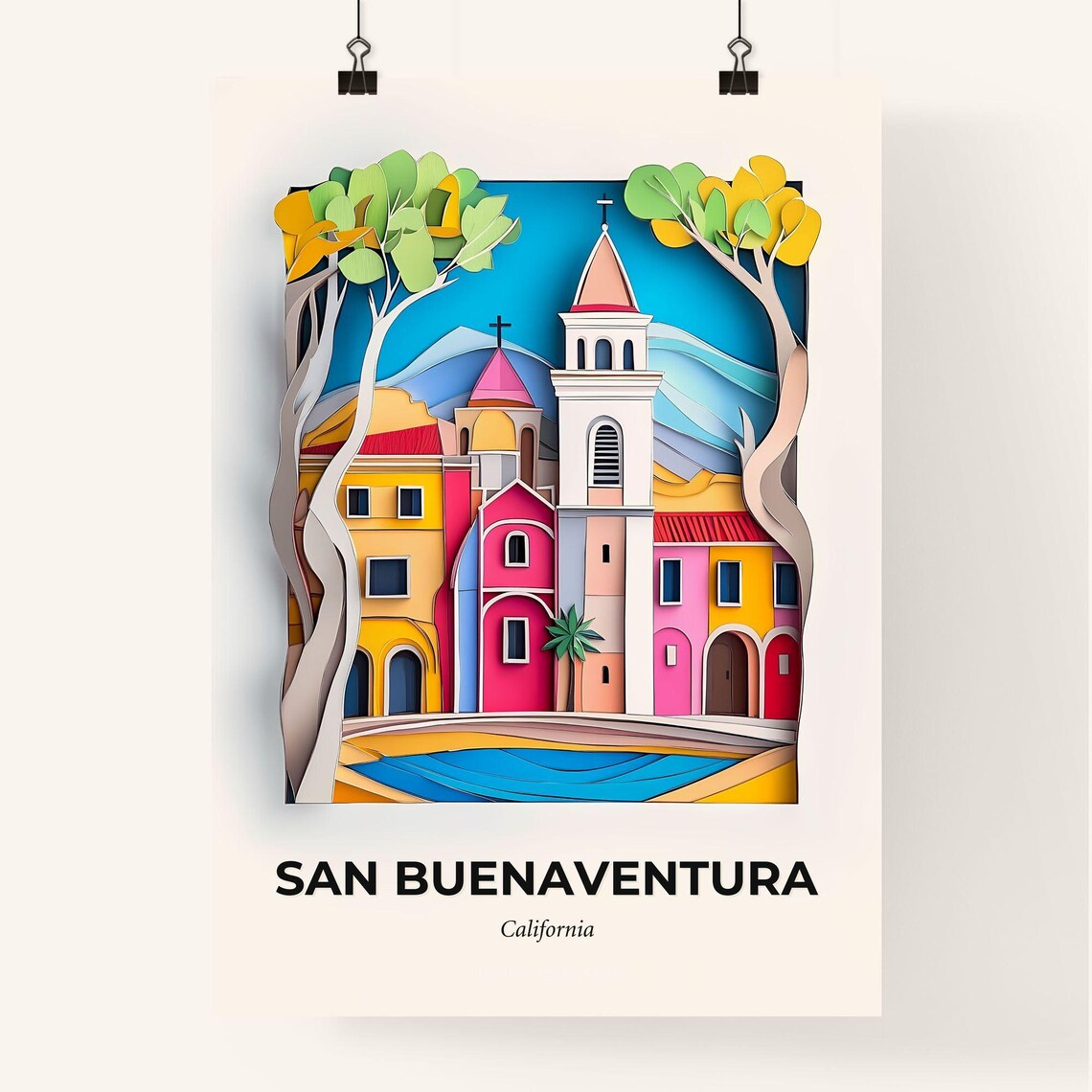 San Buenaventura California Mission Style Papercut Art Poster - Image 4