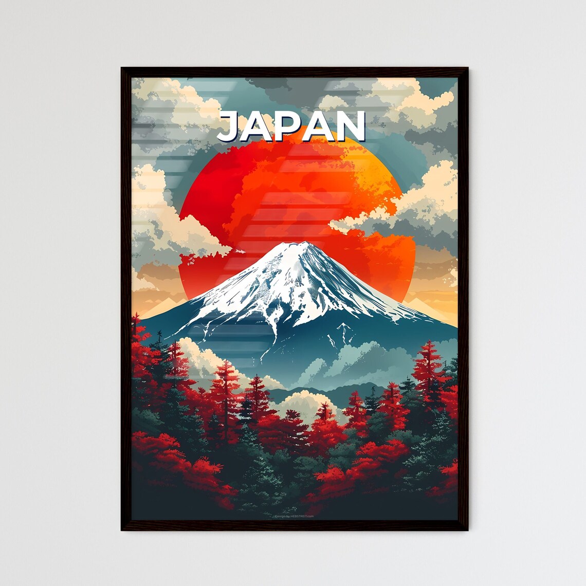 Japan Mount Fuji Red Sun Snowcapped Peak Autumn Travel Poster