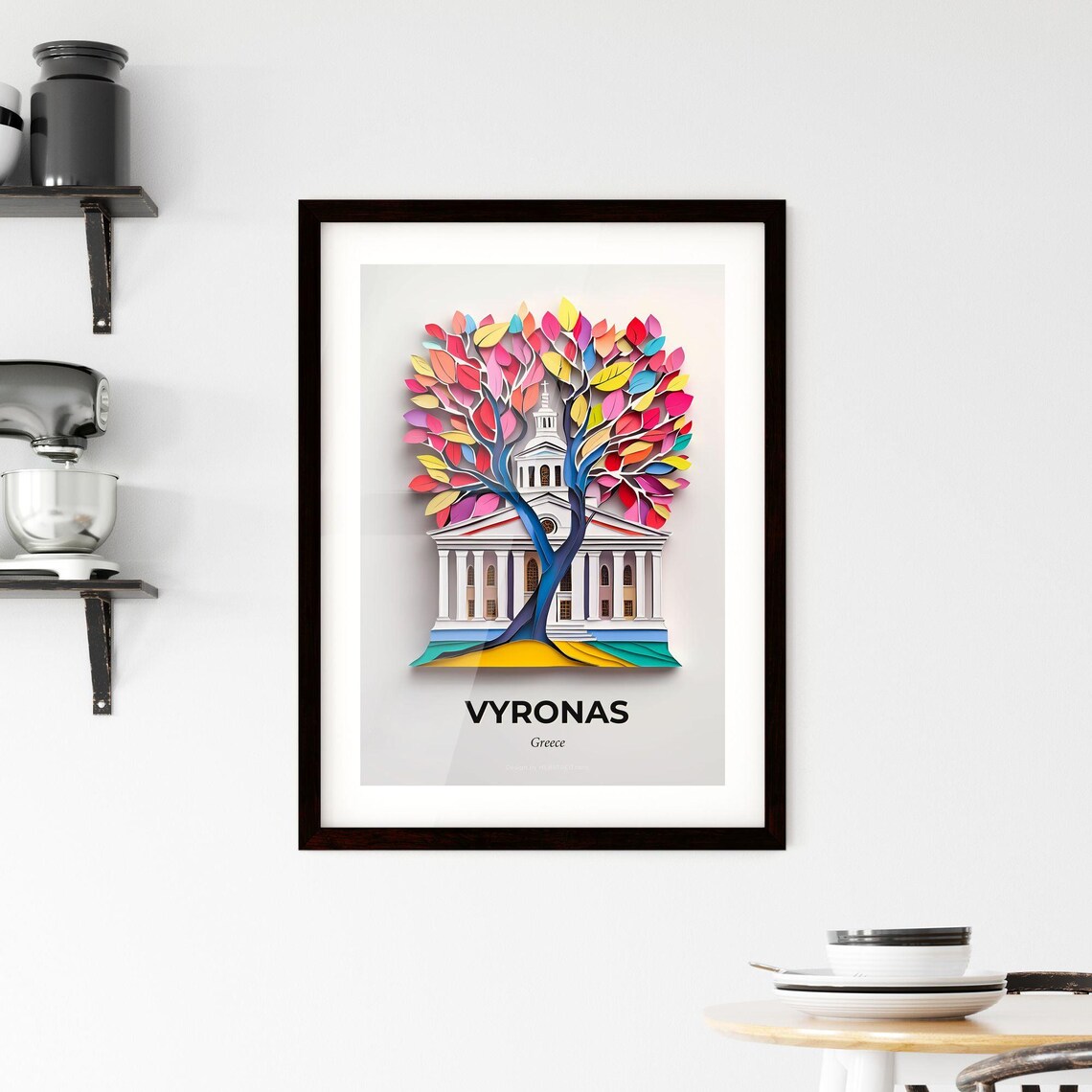 Vyronas Greece White Church Vivid Rainbow Tree Paper Cut Poster - Image 2