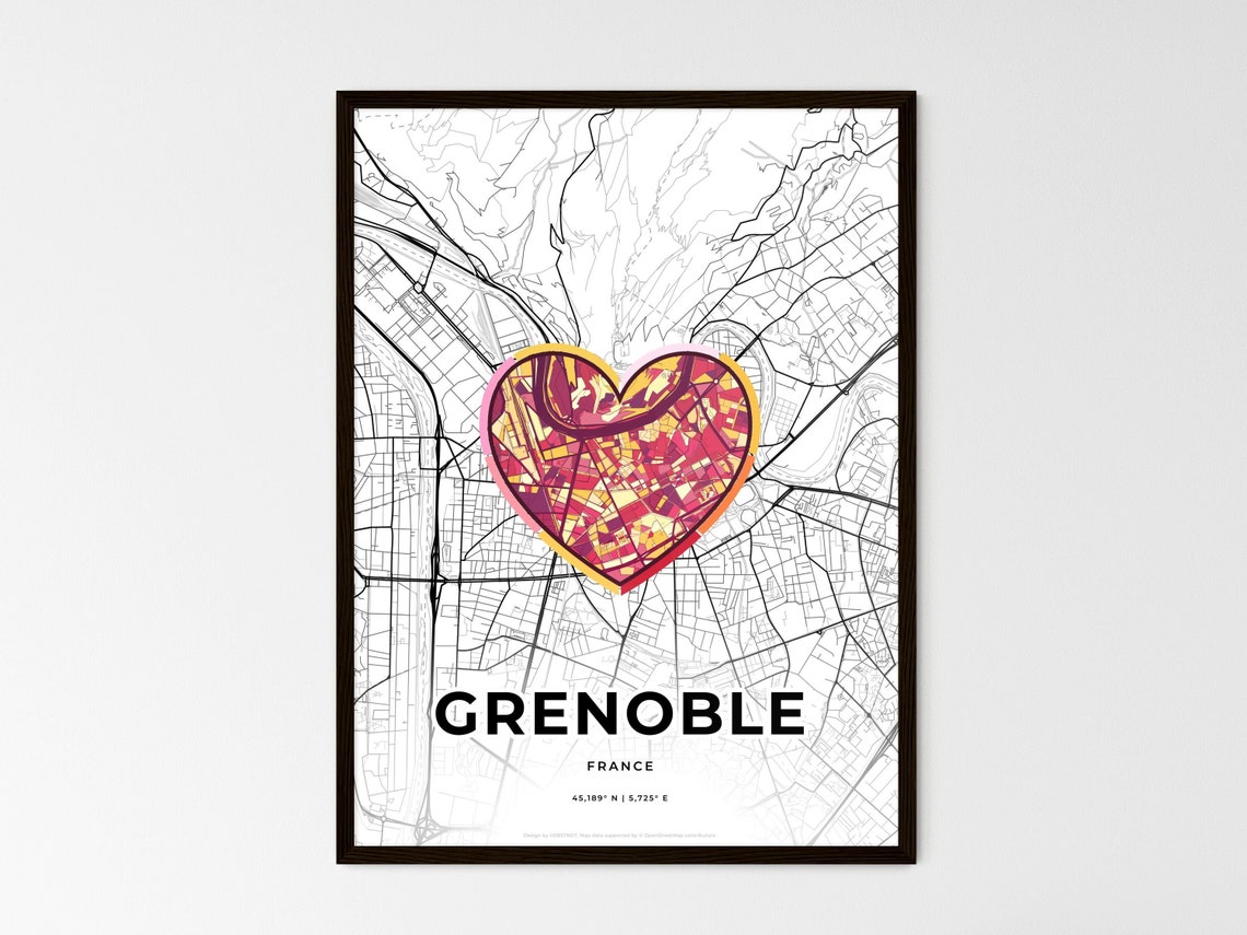 Grenoble France Modern Minimalist Heart Street Map Art Poster