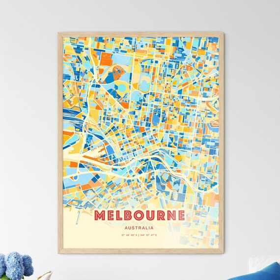 Melbourne Australia Vibrant Blue Orange City Map Art Poster Decor