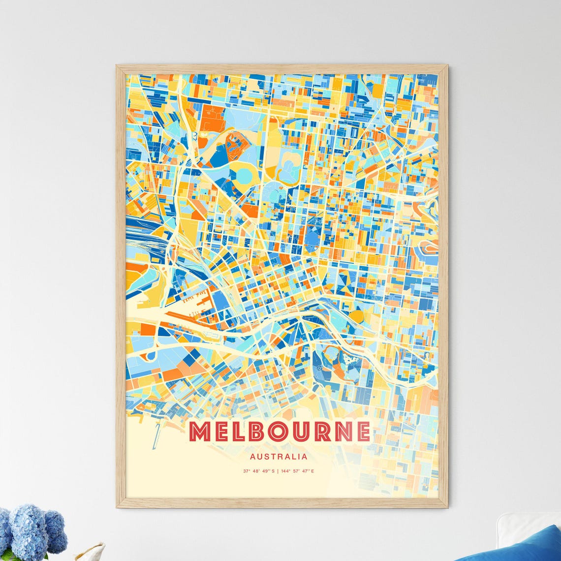 Melbourne Australia Vibrant Blue Orange City Map Art Poster Decor
