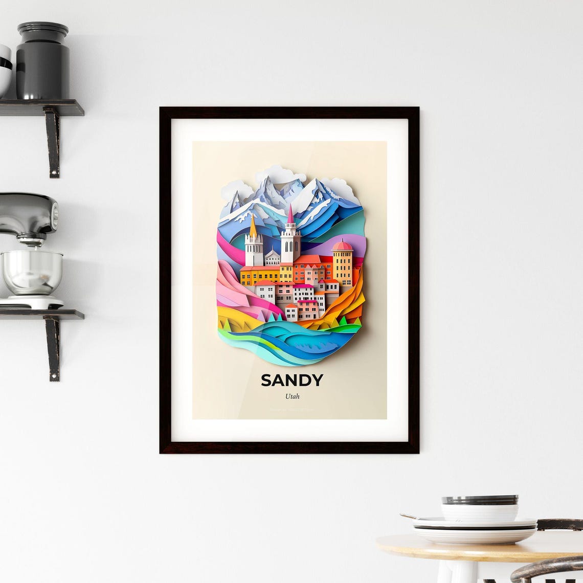 Sandy Utah Snowcapped Mountain Town Colorful 3D Paper Cut Art Poster - Image 2