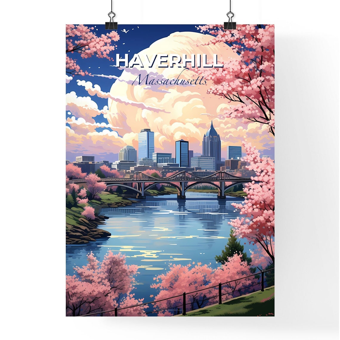 Haverhill Massachusetts Cherry Blossom River Bridge Skyline Poster - Image 4