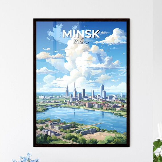 Minsk Belarus Skyline River Cityscape Blue Sky Clouds Travel Poster