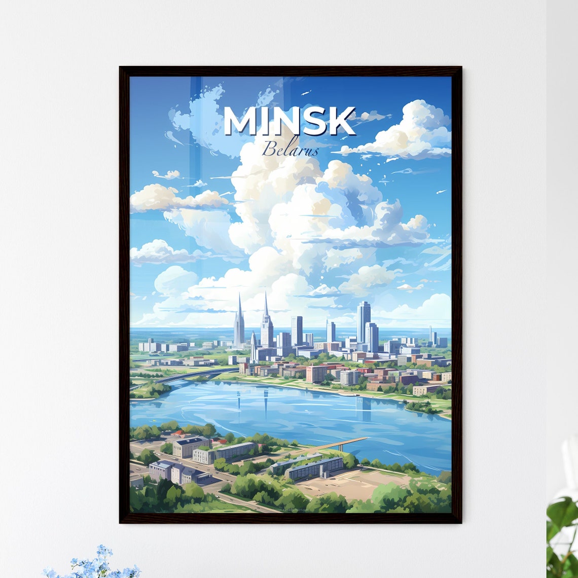 Minsk Belarus Skyline River Cityscape Blue Sky Clouds Travel Poster