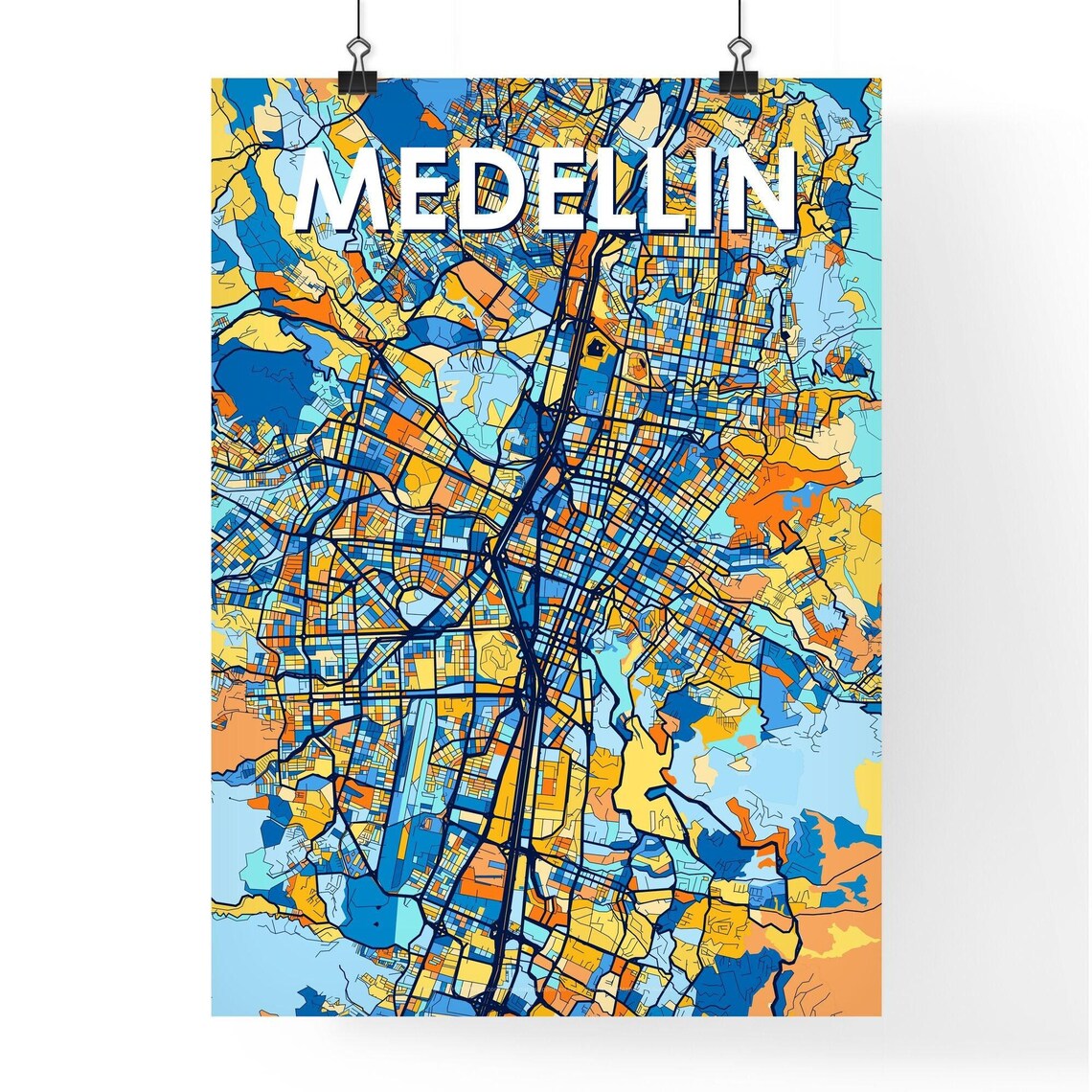 Medellin Colombia Stylish Vibrant Blue and Orange Mosaic City Map Poster - Image 4